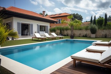 Canvas Print - mediterranean house with swimming pool and sun loungers on terrace, created with generative ai