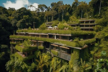 Poster - eco-friendly hotel, with solar panels and green roofs, surrounded by lush greenery, created with generative ai