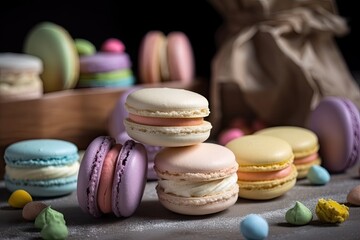 Wall Mural - meringue macaron, with fillings of different flavors and colors, created with generative ai