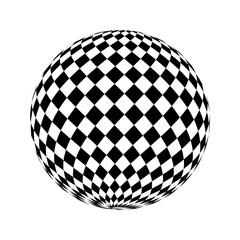 Checkered globe figure. Ball with black and white squares design. 3D sphere icon. Spherical shape with chessboard pattern isolated on white background