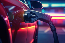 Close-up Of A Charging Gun Plugged Into The Car At An E-car Battery Charging Station At Night With Neon Lights.
