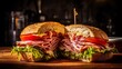 mouth-watering deli ham sandwich with lettuce, tomato, cheese, and condiments on a rustic table setting