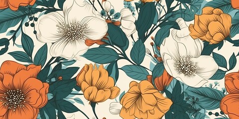 Wall Mural - ai generated. ai generative. vintahe retro hand drawn flowers pattern in boho style. graphic art