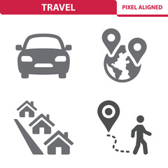 Wall Mural - Travel Icons. Tourism, Car, Vehicle, Globe, Earth, Destination, City, Town, Tourist Vector Icon Set