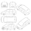 Blank compact car template for branding or advertising. Car outline on white background. Set with the contours of a passenger car from black lines Isolated on white background. Vector illustration.