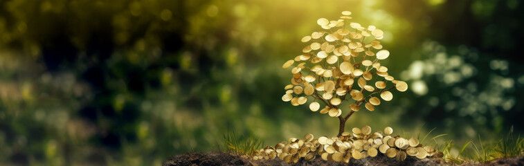 money tree of good luck and feng shui made of golden coins in green forest. capital growth, investme