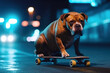 funny dog skateboarder rides a skateboard on road in city at night. Generative AI illustration