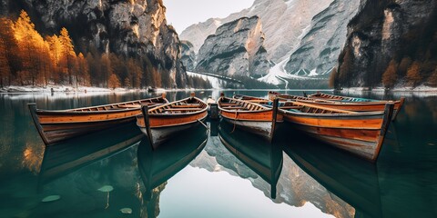 Wall Mural - AI Generated. AI Generative. Boats on the Braies Lake in Dolomites mountains illustration. Romantic vacation vibe. Graphic Art