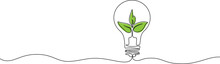 Continuous Single Line Drawing Of Green Plant In Light Bulb, Green Energy Concept Line Art Vector Illustration