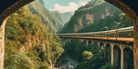  AI Generated. AI Generative. Photo realistic illustration of train mountaines green nature landscape. Graphic Art