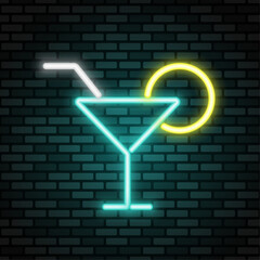 Wall Mural - Alcohol cocktail in martini glass vector line icon. Color neon sign on dark brick wall. Best for web, logo, menu concept, branding design and bar decoration.