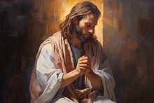 AI Illustration. Portrait Religieux De Jésus En Prière, Aspect Peinture à L'huile Lumineux Et Paisible, Mains Jointes