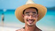 Beautiful Asian man Smiling with Straw Hat on Beach by the Sea. Generative AI.	