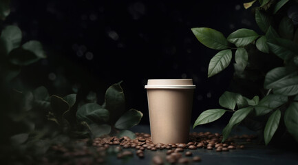 Wall Mural - Take out coffee cup mockup on a dark background with coffee beans and green leaves. AI generative