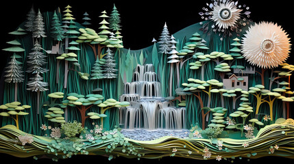 Poster - Paper art landscape forest waterfall flowing into a lake