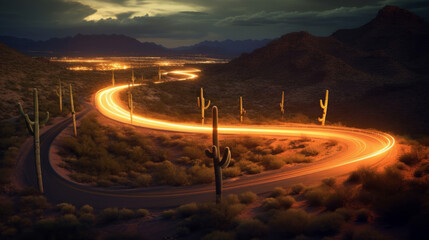 Wall Mural - bright light streaks on a winding road through a desert landscape. generative ai