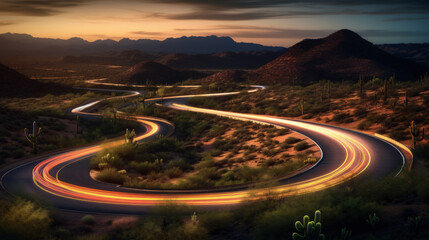 Wall Mural - bright light streaks on a winding road through a desert landscape. generative ai
