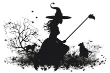 Silhouettes Of Witch On Broom On White Background, Halloween. Generative AI