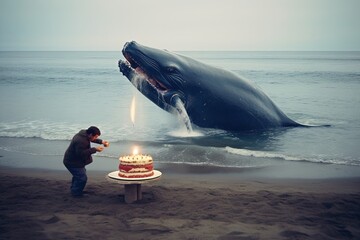 whale celebrating birthday party with birthday cake with his human friend illustration generative ai