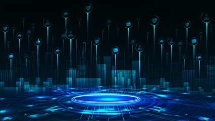 Social network, blue background with digital neon hologram of city surrounded with floating social network elements