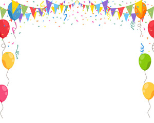 Celebrate hanging triangular garlands, balloons, and confetti. Colorful flags party isolated on white background. Birthday, Christmas, anniversary, and festival fair concept. Vector illustration.