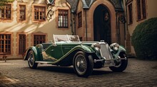 Old Vintage Oldtimer Green Car In Front Of A French Chateux - Generative AI
