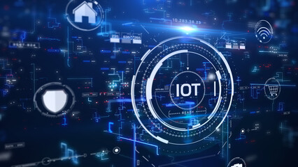Aufkleber - Digital futuristic iot network connection icons. Technology of internet of thing, business, online service communication background perspective view illustration.