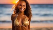 Beautiful Sexy Tan Woman Model With Curly Hair In Bikini Walking On Beach On Sunset. Generative AI