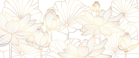 Wall Mural - luxury hand drawn lotus flowers background vector. elegant gradient gold lotus flowers line art, lea