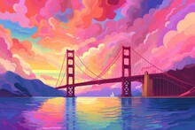 Golden Gate San Francisco Bridge Colorful Illustration Art Generative AI