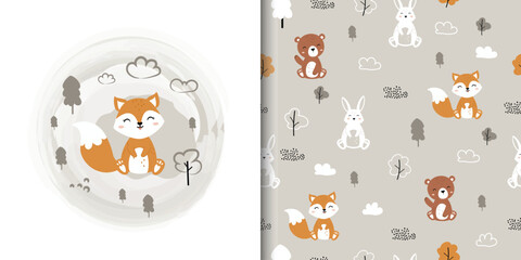 Wall Mural - Animal pattern with cute bear, fox and bunny. Childish seamless background, cute vector illustration for fabric, wallpaper, wrapping paper, textile, t-shirt