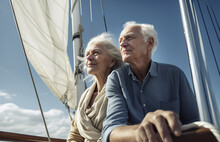 Generative AI Image Of Serious Senior Couple Sitting Close And Enjoying Yacht Travel On Sea And Looking Away Against Blue Sky