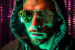 © ADDICTIVE STOCK - Generative AI illustration of serious male hacker in hoodie and sunglasses looking at computer screen code reflections against blurred background