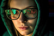 © ADDICTIVE STOCK - Generative AI illustration of serious woman hacker with hoodie and eyeglasses looking at computer screen code reflections against blurred background