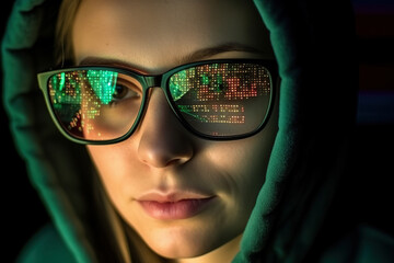 Generative AI illustration of serious woman hacker with hoodie and eyeglasses looking at computer screen code reflections against blurred background