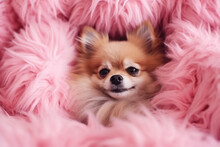 Adorable Dog Lying On Pink Fluffy Blanket. Generative AI.