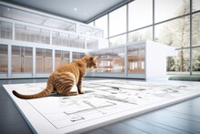 Cat Drawing Up Blueprints For Sleek, Modern Building With Lots Of Windows, Created With Generative Ai