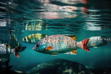 Wall Mural - close-up of colorful fish swimming in crystal clear waters, created with generative ai