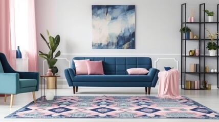 Patterned carpet in pink and blue living room interior with sofa against white wall. Generative AI AIG18.