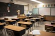 © Natalia - empty classroom with chalkboard, books, and writing utensils ready for the next class, created with generative ai