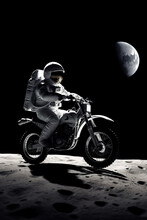 Generative AI Illustration Of Anonymous Astronaut In Space Suit And Helmet Riding A Motorbike In A Desert Black Night Sky With A Half Moon