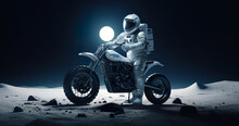 Generative AI Illustration Of An Anonymous Astronaut In Spacesuit And Helmet Riding A Motorbike On A Sandy Planet With A Bright Full Moon