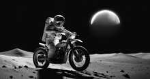 Generative AI Illustration Of Unrecognizable Astronaut In Space Suit And Helmet Riding A Motorbike In A Desert Black Night Sky With A Half Moon