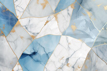 Generative AI Illustration Of Blue And White Marble Texture Background With Cracked Gold Details