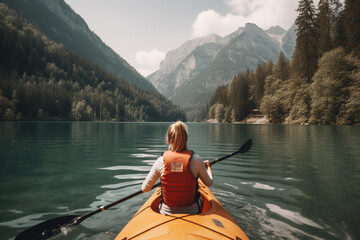 Canoening on wild lake in mountains. Outdoor adventure. Generative AI