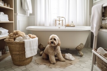 Wall Mural - luxury bathroom with plush towels, bathtub and a basket of pet toys, created with generative ai