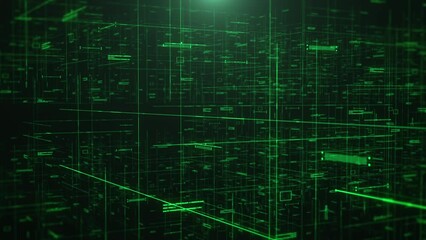 Poster - Technology digital futuristic cyberspace data network structure concept background. Green future scifi transmission line vertical moving from bottom to top 4k motion background.
