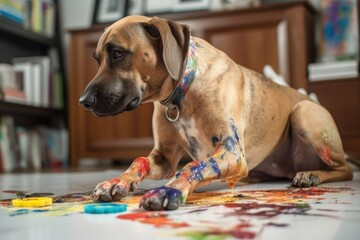 Wall Mural - dog with paintbrush in paw, painting abstract masterpiece, created with generative ai