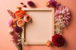 © ADDICTIVE STOCK - Generative AI image of fresh blooming flowers of various colors placed around empty wooden photo frame against orange background