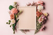 © ADDICTIVE STOCK - Generative AI image of fresh blooming flowers of various colors and green leaves placed around empty pink photo frame against pink background